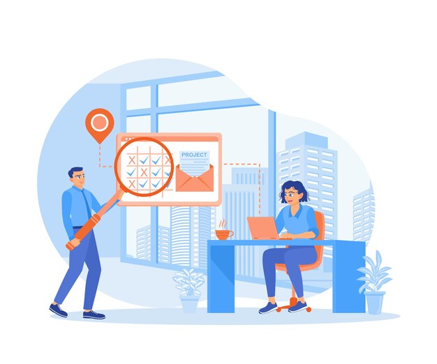 El hombre de negocios analiza el trabajo en equipo Las mujeres están trabajando usando una computadora portátil Concepto de gestión de proyectos Ilustración vectorial plana