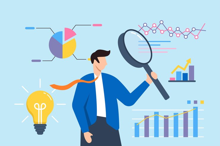 Vector hombre de negocios analizando datos con lupa