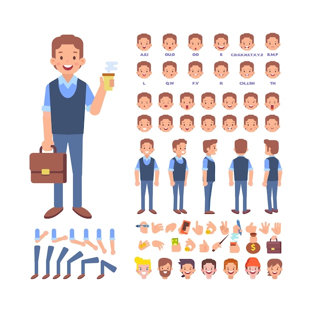 Hombre de negocios para animación con varios peinados, emociones, sincronización de labios y gestos.