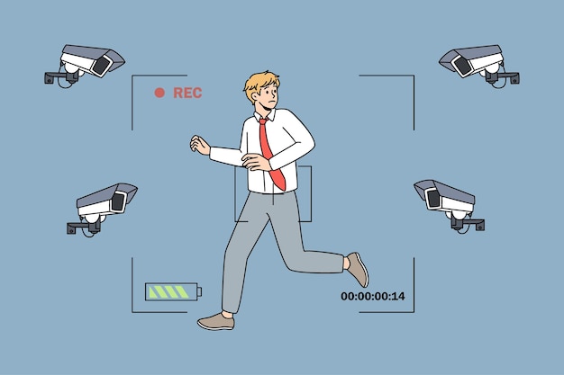 Vector hombre de negocios ansioso estresado con disparos de cámaras