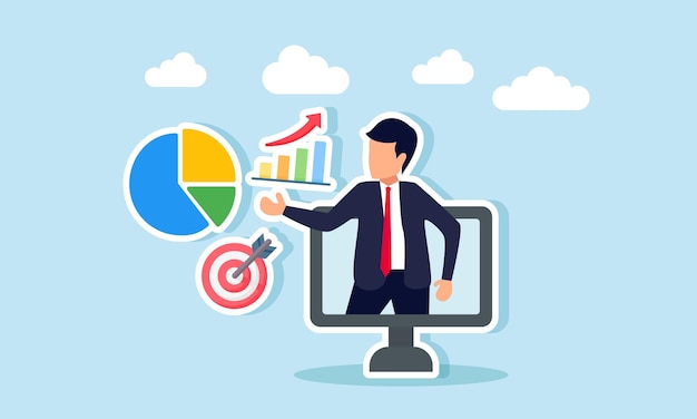 El hombre de negocios aparece en un monitor de computadora presentando un gráfico de barras y una tabla de objetivos Ilustración de un asistente virtual que optimiza las tareas comerciales para el logro preciso del objetivo