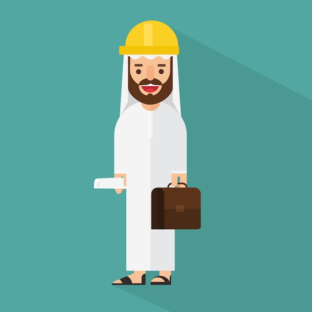 Hombre de negocios árabe con maletín y rollos de proyectos de construcción
