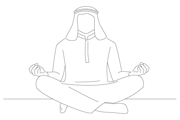 Hombre de negocios árabe meditando en posición de loto en el suelo Arte de estilo de dibujo de contorno