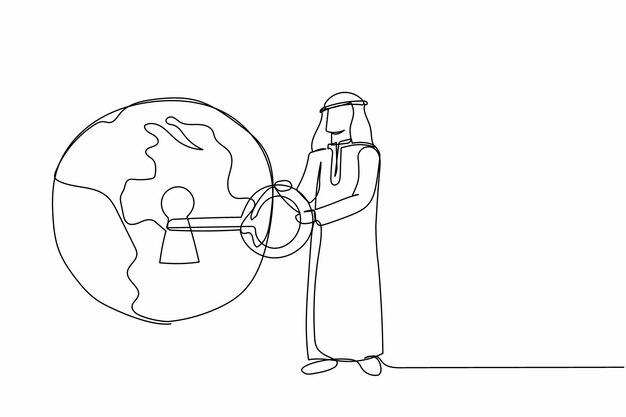 Un hombre de negocios árabe poniendo una gran llave en un globo alerta de calentamiento global