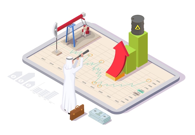 Hombre de negocios árabe que mira el aumento de la tabla de aceite a través del telescopio ilustración isométrica del vector plano o...