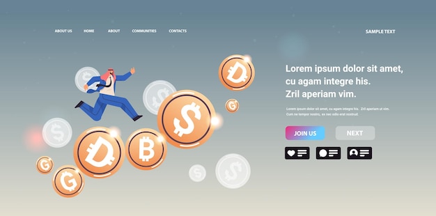 hombre de negocios árabe que trabaja en una plataforma de dinero financiero analista de inversores corriendo sobre monedas de oro invertir en el concepto de mercado de valores ilustración de vector de espacio de copia horizontal de longitud completa