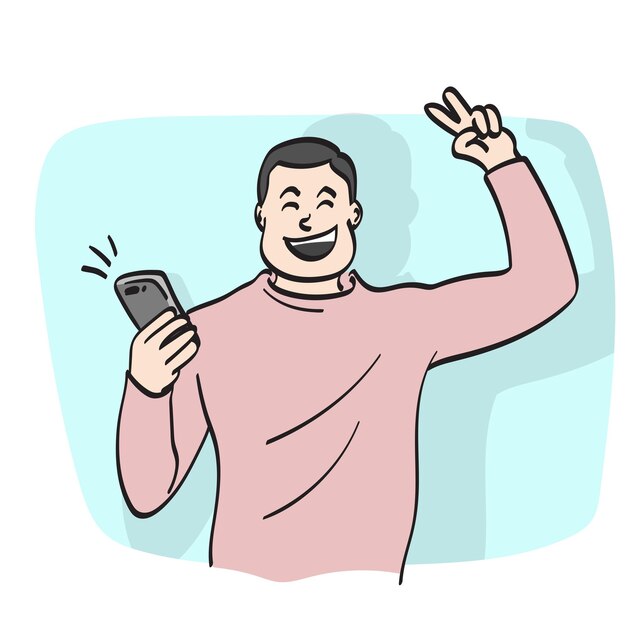 hombre de negocios de arte de línea usando un teléfono inteligente y mostrando una ilustración de signo de victoria de vector dibujada a mano