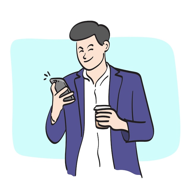 Hombre de negocios de arte de línea usando un teléfono inteligente y una taza de café para llevar en la mano ilustración