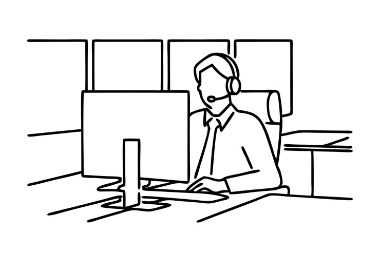 Vector hombre de negocios con auriculares trabajando en la oficina arte de líneas dibujadas a mano ilustración vectorial plana