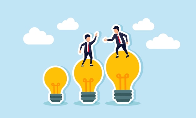 Un hombre de negocios ayudando a otro hombre de negocios de pie en lámparas más pequeñas ilustración de colaboración en el intercambio de ideas empresariales e innovaciones