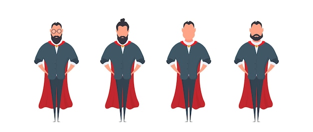 Hombre de negocios barbudo con un manto rojo en un estilo de dibujos animados. un hombre superhéroe tiene las manos en su cinturón. aislado. vector.