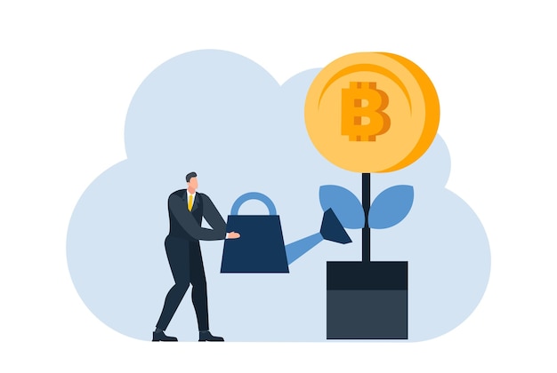 hombre de negocios con bitcoin dinero digital moneda ilustración plana