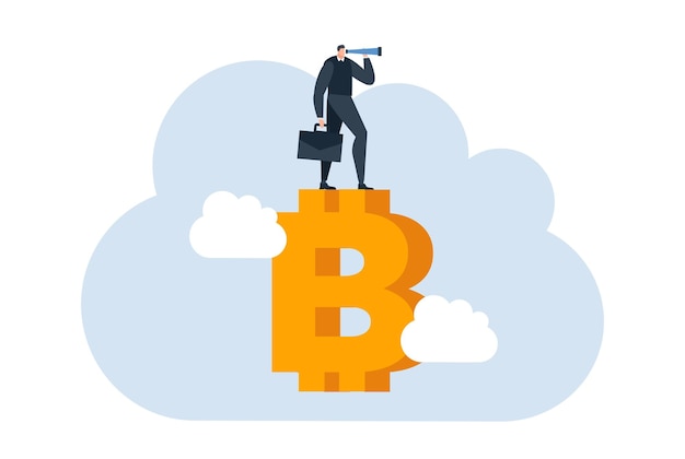 hombre de negocios con bitcoin dinero digital moneda ilustración plana