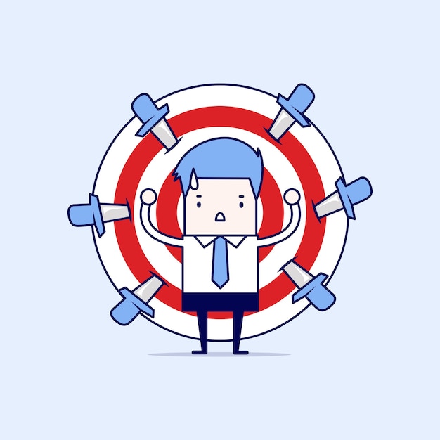 Hombre de negocios en blanco con cuchillos. Vector de estilo de línea fina de personaje de dibujos animados.