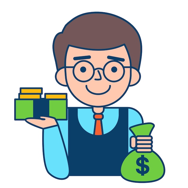 hombre de negocios con bolsa de dinero y caja de regalos ilustración vectorial diseño verde y azul.