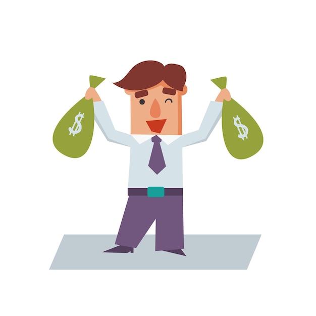 Hombre de negocios con bolsas de dinero ilustración de vector plano de personaje de dibujos animados