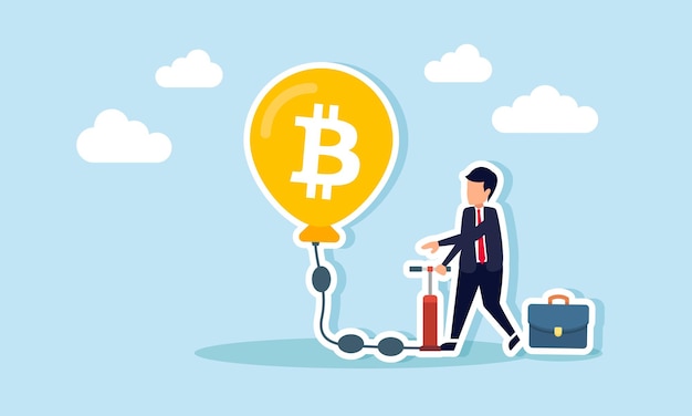 Un hombre de negocios bombeando un globo de bitcoin ilustración de mantener y aumentar los activos de bitcoin para el crecimiento y el desarrollo