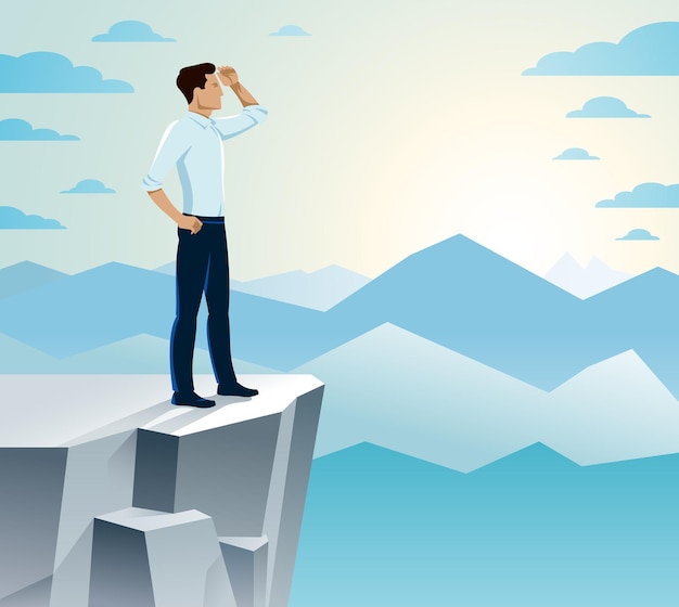 Hombre de negocios en busca de oportunidades de pie en la cima de la ilustración de vector de concepto de negocio de montaña, exitoso hombre de negocios joven y guapo busca nuevas perspectivas.