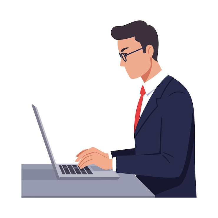 Vector hombre de negocios centrado en la computadora portátil mientras escribe una elegante ilustración vectorial plana