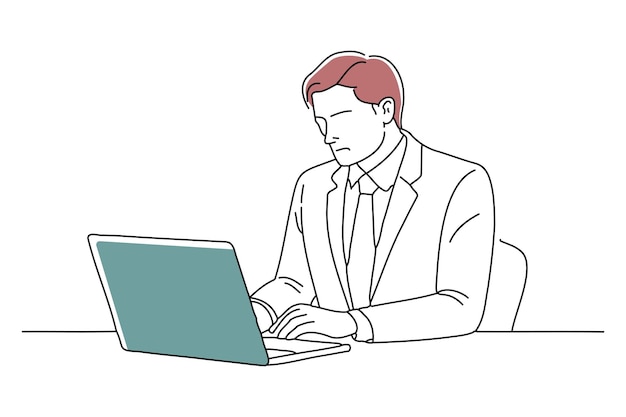 Hombre de negocios centrado en su portátil mientras está sentado en un escritorio ocupado en tareas relacionadas con el trabajo garabateo ilustración vectorial de arte de línea continua sobre fondo blanco