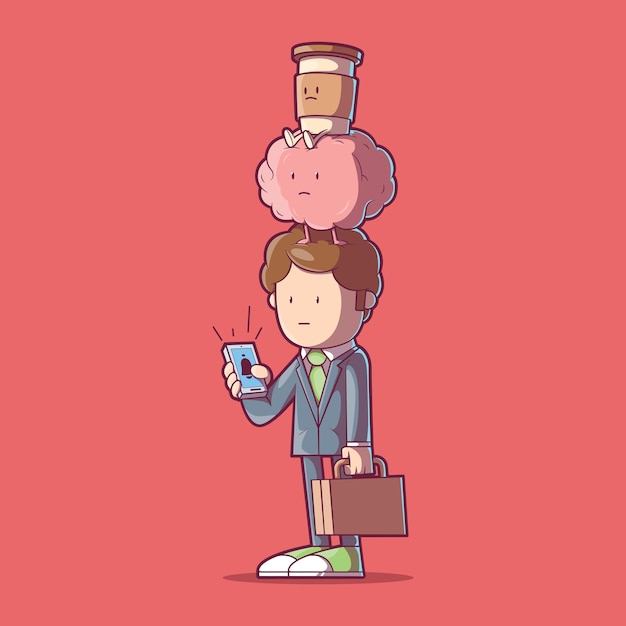 Vector un hombre de negocios con un cerebro y un personaje de café en la parte superior de su ilustración vectorial de cabeza