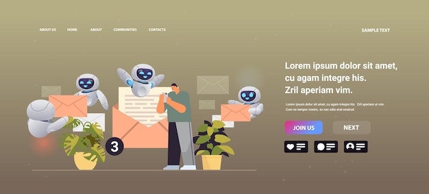hombre de negocios con chatbots enviando o recibiendo cartas en la bandeja de entrada de correo electrónico del teléfono inteligente notificación de mensaje nuevo correo no leído espacio de copia horizontal de longitud completa ilustración vectorial