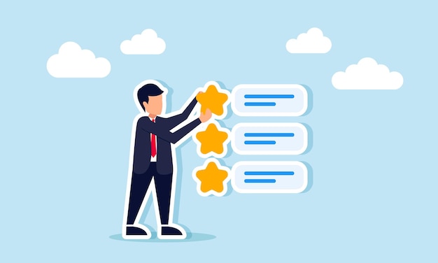 hombre de negocios colocando una estrella en una lista de varias estrellas ilustración del nivel de satisfacción del cliente con el rendimiento empresarial