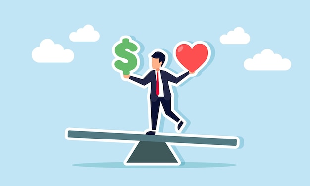 Un hombre de negocios en un columpio sosteniendo un signo de dólar en una mano y un corazón en la otra ilustración de sopesar elecciones entre el ego y las finanzas