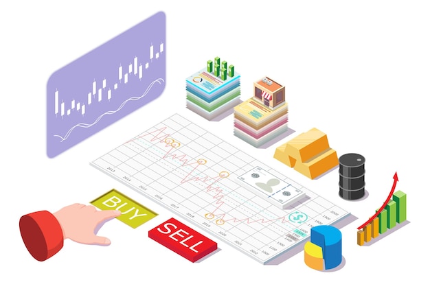 Hombre de negocios comerciante comprando acciones en línea invirtiendo en la ilustración isométrica del vector plano del mercado de valores ...