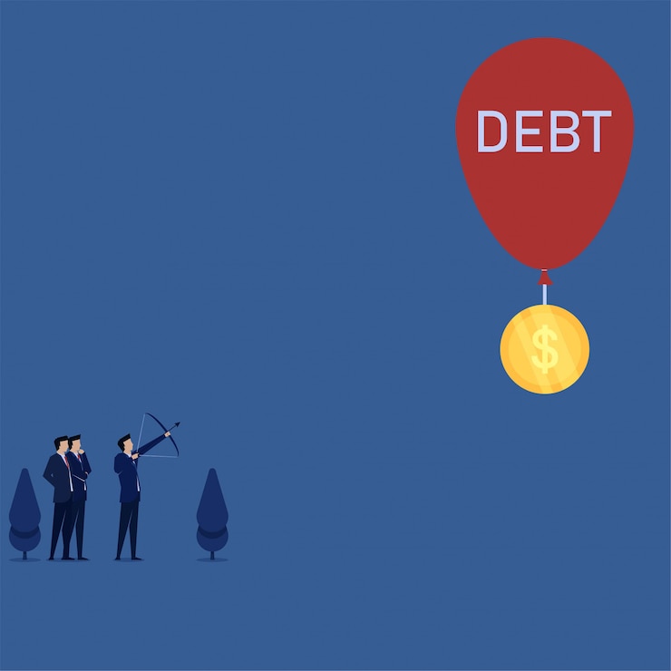 Vector el hombre de negocios del concepto del vector plano del negocio apunta para la mosca de la moneda con la metáfora de la deuda del globo de la libertad financiera.