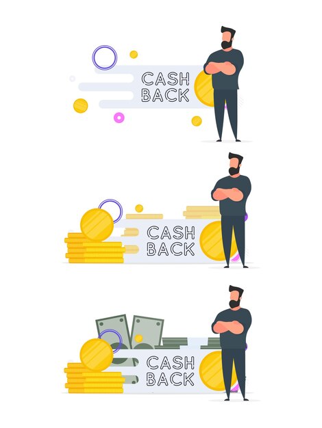Hombre de negocios confiado. Letras de devolución de dinero aisladas sobre fondo blanco. Monedas de oro. Composición sobre el tema de devolución de dinero. Vector.