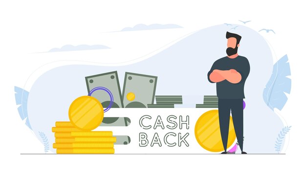 Hombre de negocios confiado. Letras de devolución de dinero aisladas sobre fondo blanco. Monedas de oro. Composición sobre el tema de devolución de dinero. Vector.