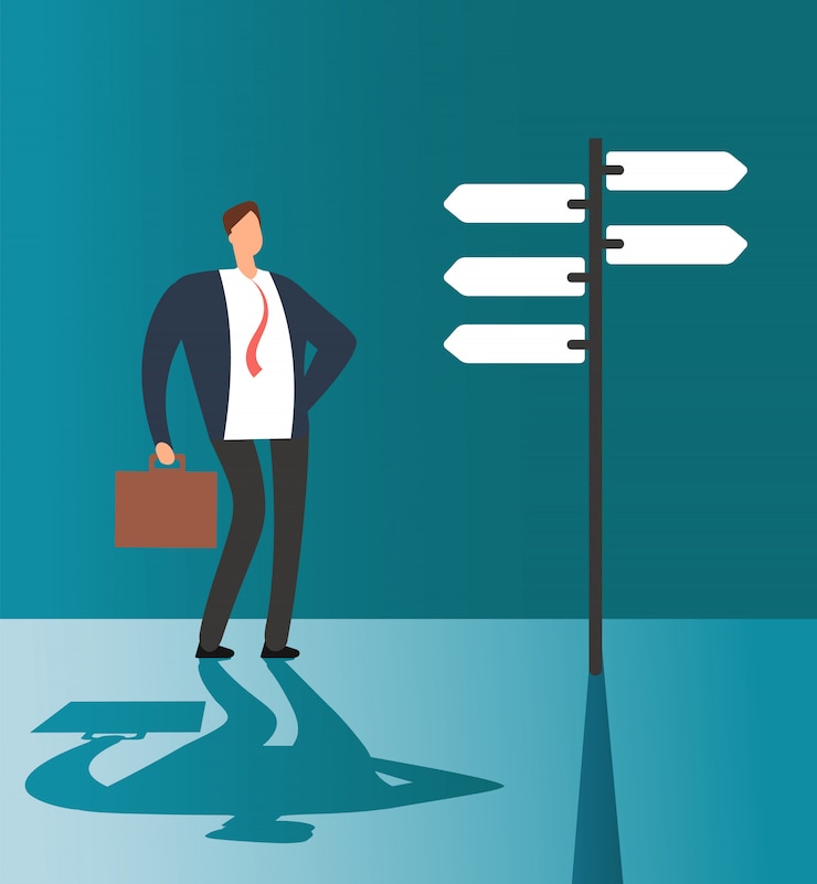 Vector hombre de negocios confuso que piensa y que toma la decisión en la señal de tráfico. oportunidad de negocio y solución futura concepto de vector