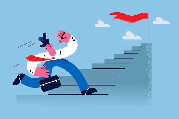 El hombre de negocios corre escaleras arriba para alcanzar el objetivo comercial o el propósito en la parte superior. El empleado o el trabajador del hombre sube la escalera acercándose al objetivo de la carrera. Logro y liderazgo. Motivación. Ilustración vectorial.