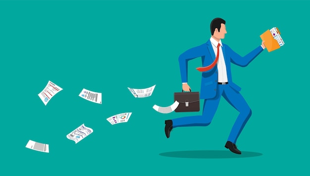 El hombre de negocios corre rápido agitando la corbata y el maletín. El hombre de negocios se apresura a llegar a tiempo. El tiempo es dinero. Ilustración vectorial plana.