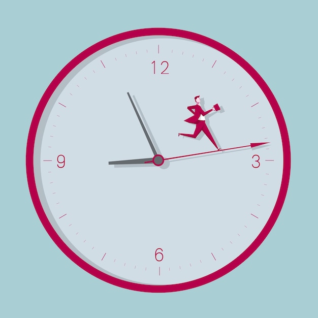 El hombre de negocios corre en el reloj. Aislado sobre fondo azul.