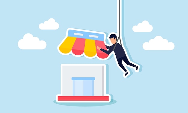 Un hombre de negocios cuelga de una cuerda que lleva el techo de una tienda con la intención de instalarlo en una ilustración de la construcción de un negocio en el mercado