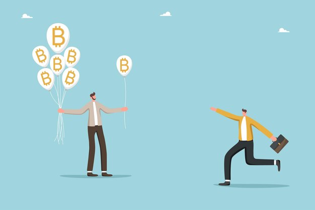 El hombre de negocios le da al hombre un globo de bitcoin