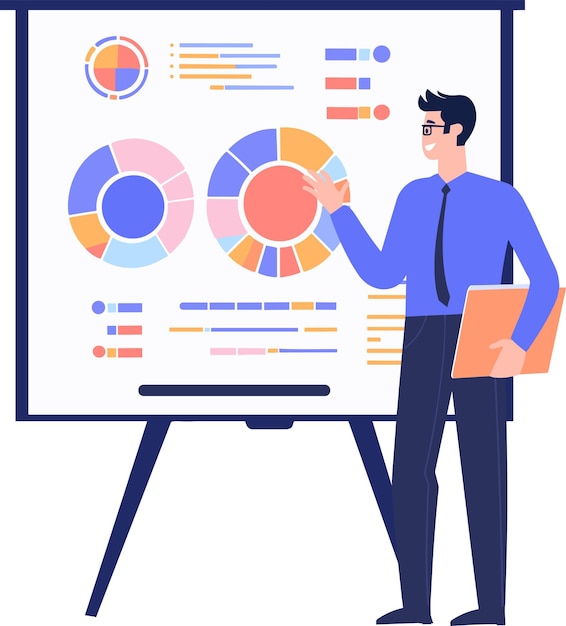 Hombre de negocios dibujado a mano con gráficos de presentación en estilo plano aislados en el fondo
