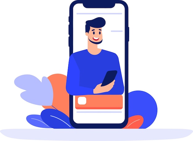 Hombre de negocios dibujado a mano con teléfono inteligente en concepto de marketing en línea en estilo plano aislado en el fondo