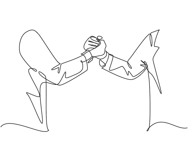 Un hombre de negocios de dibujo continuo le da la mano a su socio para abordar un gran proyecto Reunión en la oficina