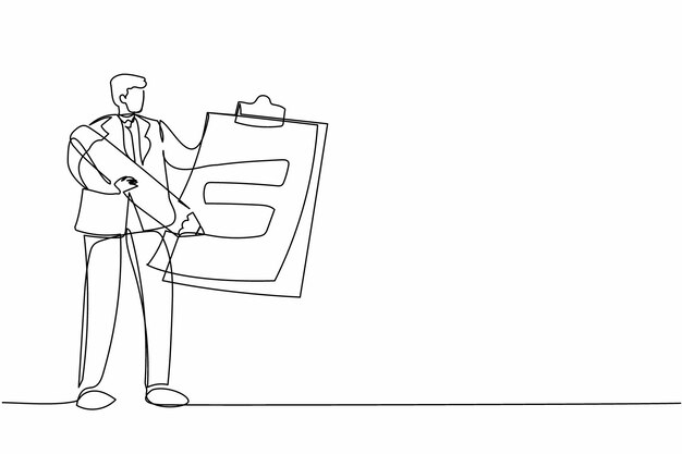 Un hombre de negocios de dibujo continuo de una línea de pie y sosteniendo un clipboard con ilustración de lista de comprobación