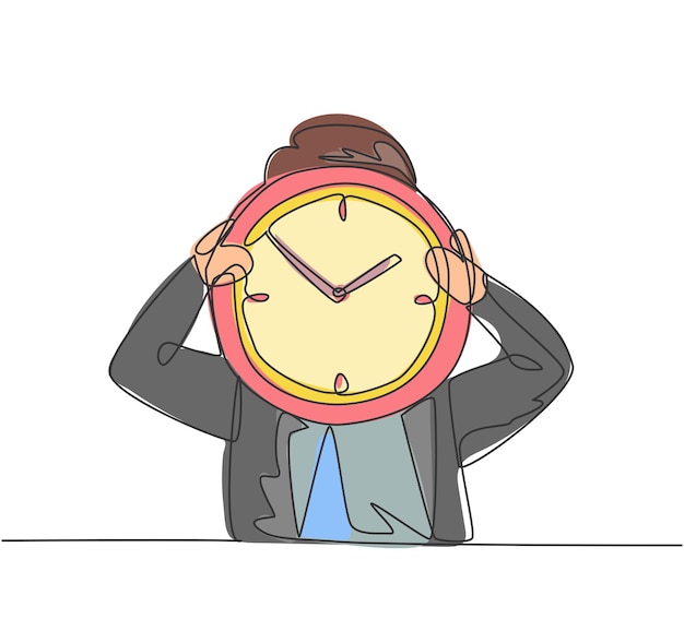 Hombre de negocios de dibujo de línea continua única sosteniendo un reloj analógico gigante frente a su cabeza vector