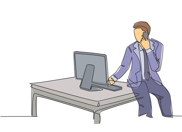 Un hombre de negocios de dibujo de una sola línea continua sentado en el escritorio mirando la computadora y sosteniendo un teléfono