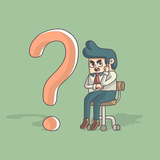 Hombre de negocios de dibujos animados pensando mientras está sentado al lado del signo de interrogación