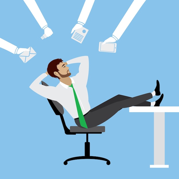 Un hombre de negocios de dibujos animados se relaja en una silla en la ilustración de vector de stock de oficina