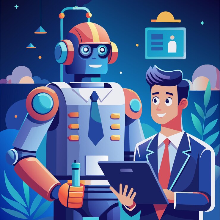 Vector un hombre de negocios discute el trabajo con su asistente de ia