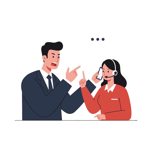 Un hombre de negocios discutiendo con un representante de servicio al cliente en una ilustración de vector mínimo