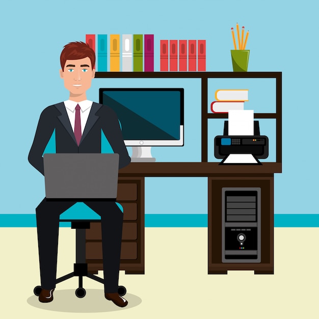 Hombre de negocios en el diseño de icono de espacio de trabajo aislado