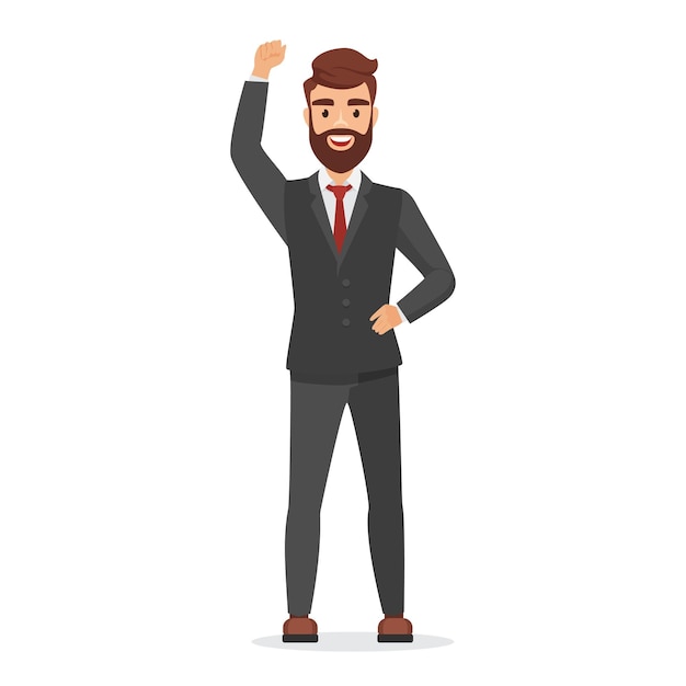 Hombre de negocios divertido y feliz de pie con la mano en alto saludando al hombre con una sonrisa